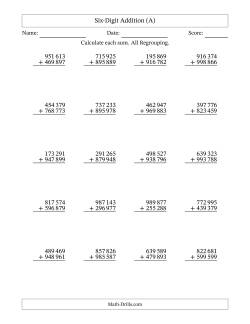 Six-Digit Addition With All Regrouping – 20 Questions – Space Separated Thousands