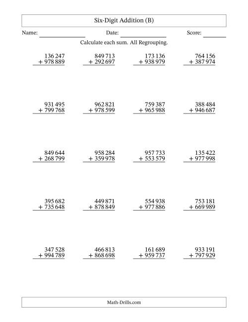 6-Digit Plus 6-Digit Addtion with ALL Regrouping and Space-Separated ...