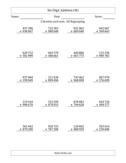 The Six-Digit Addition With All Regrouping – 20 Questions – Space Separated Thousands (M) Math Worksheet