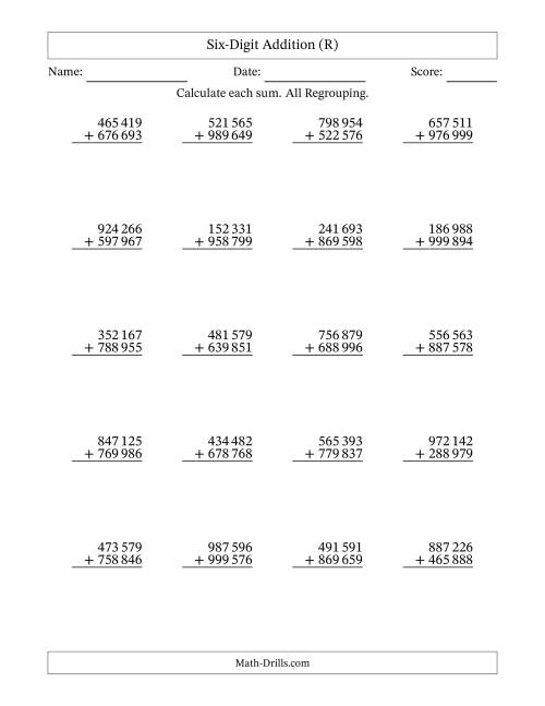 The Six-Digit Addition With All Regrouping – 20 Questions – Space Separated Thousands (R) Math Worksheet