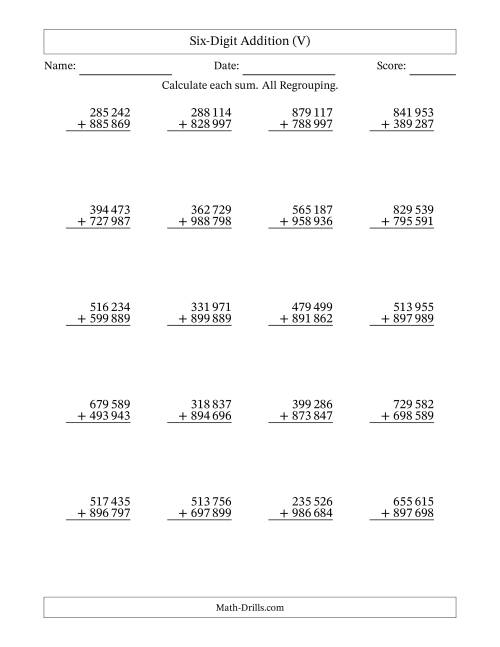 The Six-Digit Addition With All Regrouping – 20 Questions – Space Separated Thousands (V) Math Worksheet