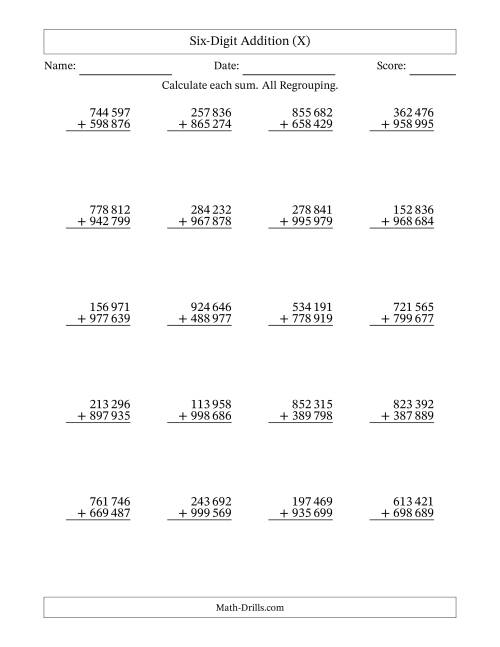 The Six-Digit Addition With All Regrouping – 20 Questions – Space Separated Thousands (X) Math Worksheet