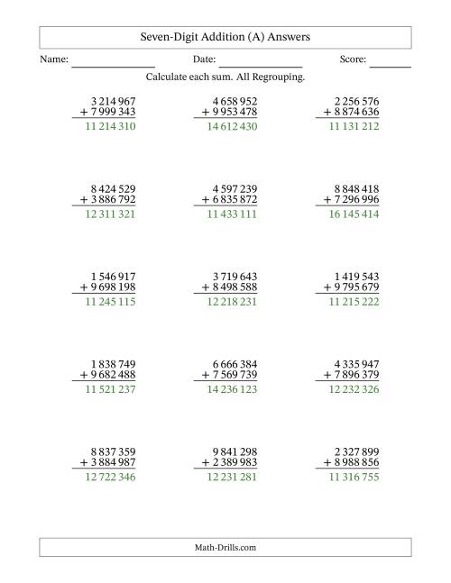 The Seven-Digit Addition With All Regrouping – 15 Questions – Space Separated Thousands (A) Math Worksheet Page 2