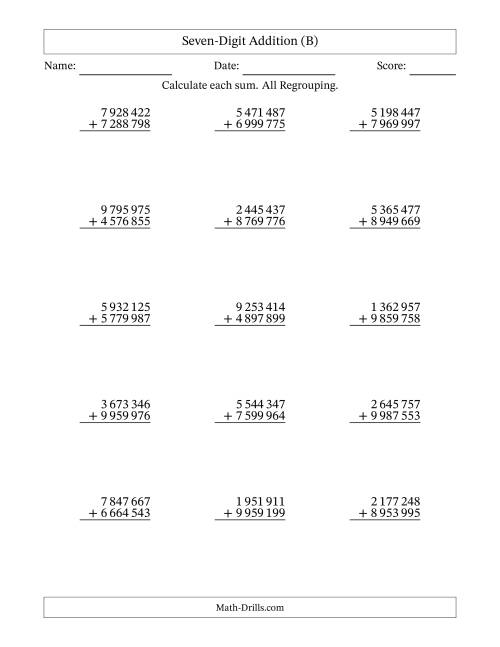 7-Digit Plus 7-Digit Addtion With ALL Regrouping And Space-Separated ...