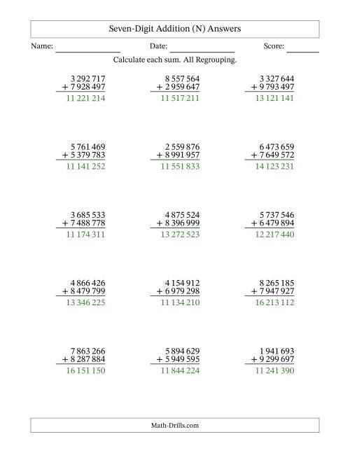 The Seven-Digit Addition With All Regrouping – 15 Questions – Space Separated Thousands (N) Math Worksheet Page 2