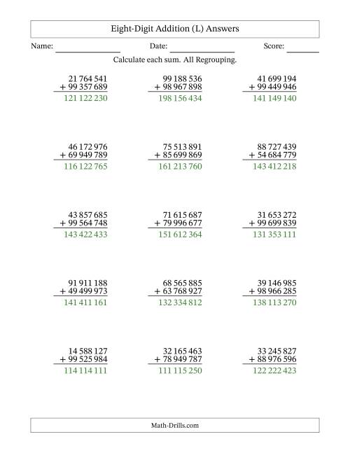 The Eight-Digit Addition With All Regrouping – 15 Questions – Space Separated Thousands (L) Math Worksheet Page 2