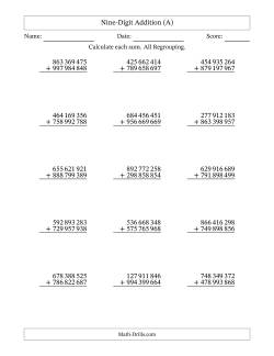 Nine-Digit Addition With All Regrouping – 15 Questions – Space Separated Thousands