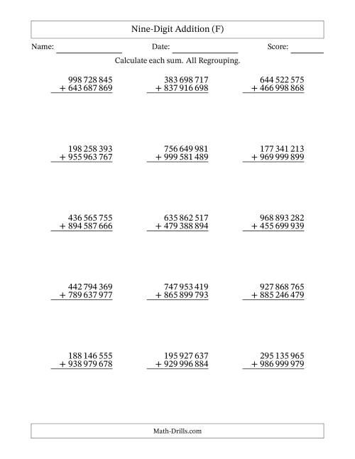 The Nine-Digit Addition With All Regrouping – 15 Questions – Space Separated Thousands (F) Math Worksheet