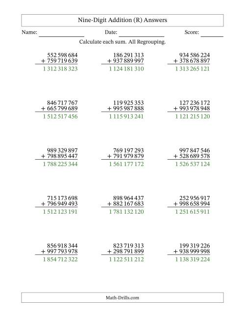 The Nine-Digit Addition With All Regrouping – 15 Questions – Space Separated Thousands (R) Math Worksheet Page 2