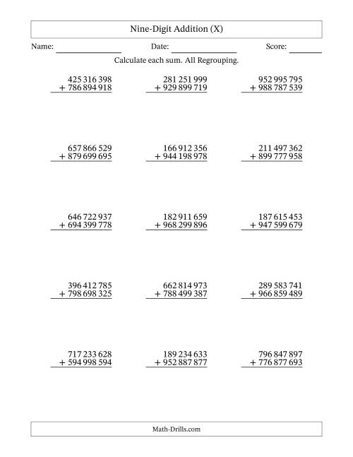 The Nine-Digit Addition With All Regrouping – 15 Questions – Space Separated Thousands (X) Math Worksheet