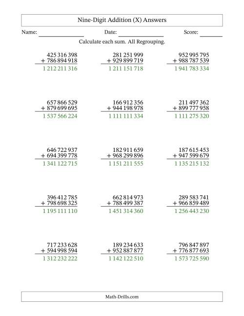 The Nine-Digit Addition With All Regrouping – 15 Questions – Space Separated Thousands (X) Math Worksheet Page 2