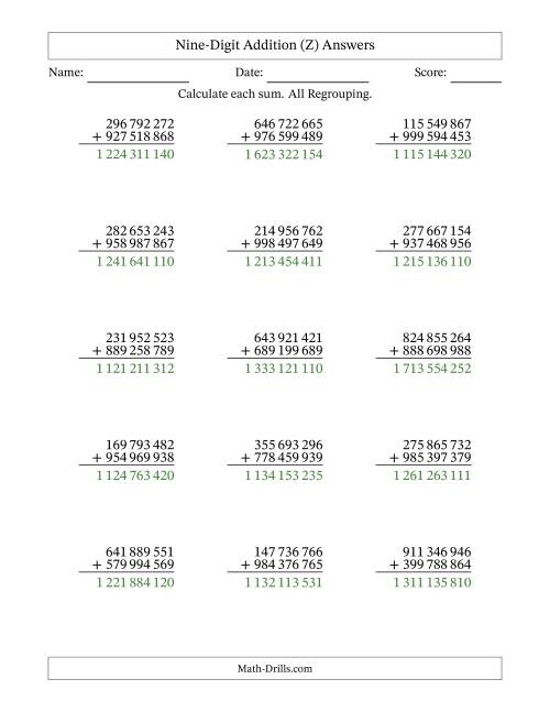 The Nine-Digit Addition With All Regrouping – 15 Questions – Space Separated Thousands (Z) Math Worksheet Page 2