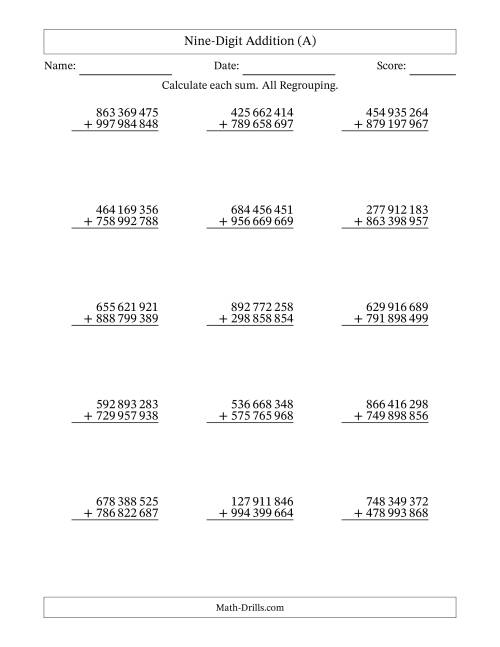 The Nine-Digit Addition With All Regrouping – 15 Questions – Space Separated Thousands (All) Math Worksheet