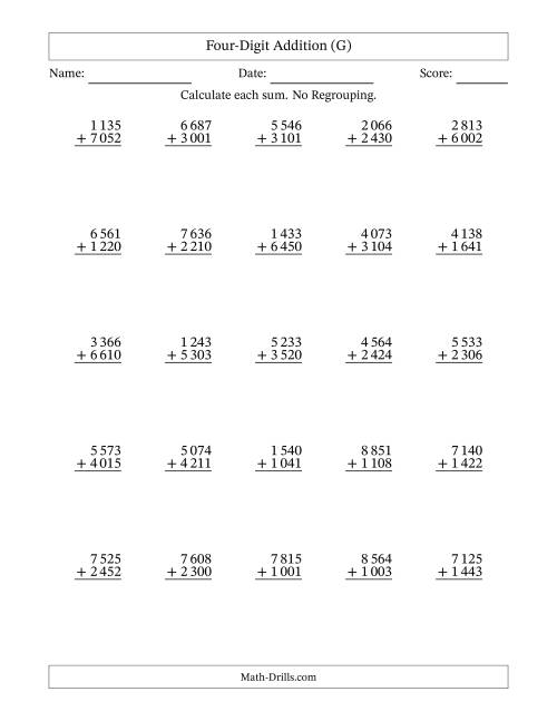 4-Digit Plus 4-Digit Addition with NO Regrouping and Space-Separated ...