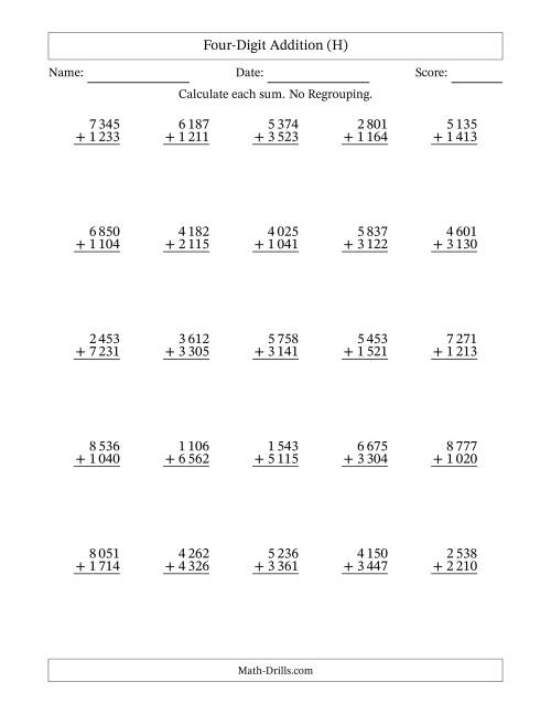 The Four-Digit Addition With No Regrouping – 25 Questions – Space Separated Thousands (H) Math Worksheet