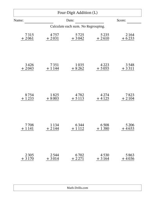 The Four-Digit Addition With No Regrouping – 25 Questions – Space Separated Thousands (L) Math Worksheet