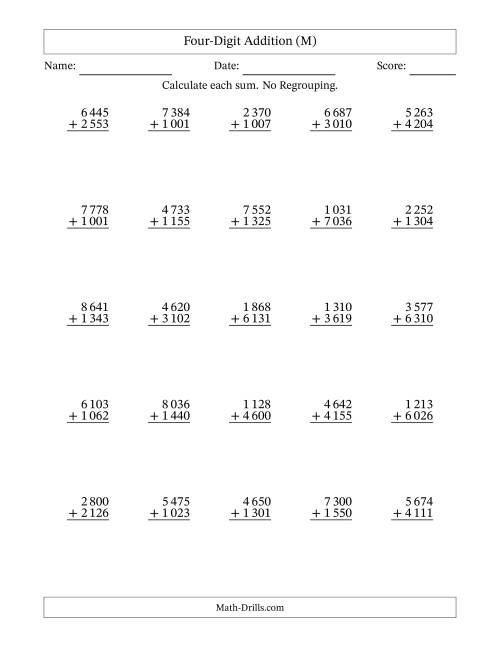 The Four-Digit Addition With No Regrouping – 25 Questions – Space Separated Thousands (M) Math Worksheet