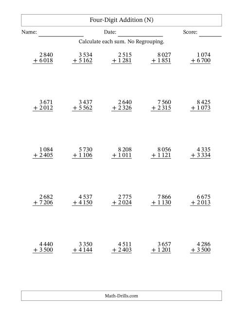 The Four-Digit Addition With No Regrouping – 25 Questions – Space Separated Thousands (N) Math Worksheet