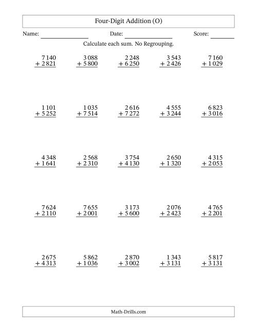 The Four-Digit Addition With No Regrouping – 25 Questions – Space Separated Thousands (O) Math Worksheet