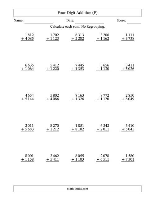 The Four-Digit Addition With No Regrouping – 25 Questions – Space Separated Thousands (P) Math Worksheet