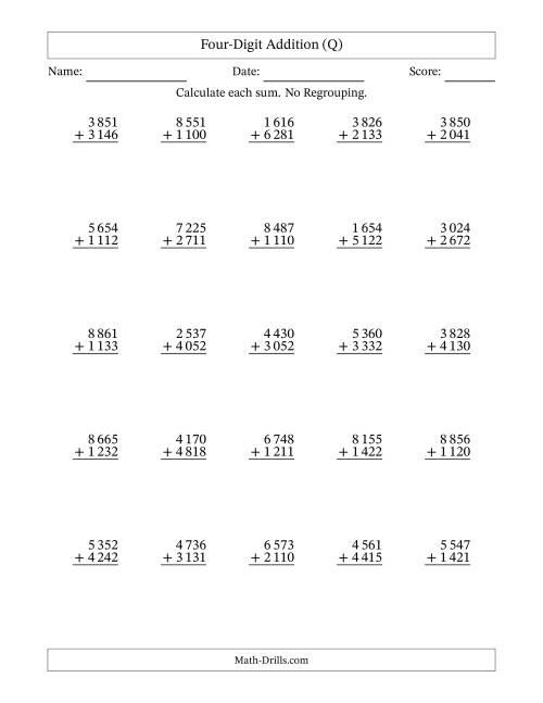 The Four-Digit Addition With No Regrouping – 25 Questions – Space Separated Thousands (Q) Math Worksheet
