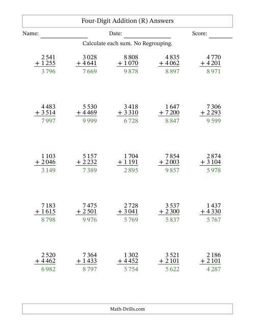 The Four-Digit Addition With No Regrouping – 25 Questions – Space Separated Thousands (R) Math Worksheet Page 2