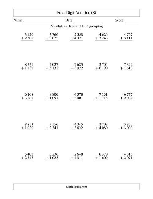 The Four-Digit Addition With No Regrouping – 25 Questions – Space Separated Thousands (S) Math Worksheet