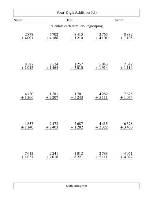 The Four-Digit Addition With No Regrouping – 25 Questions – Space Separated Thousands (U) Math Worksheet