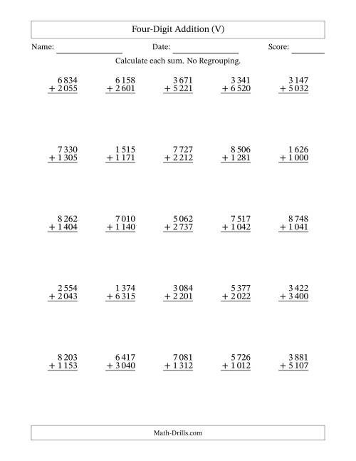 The Four-Digit Addition With No Regrouping – 25 Questions – Space Separated Thousands (V) Math Worksheet