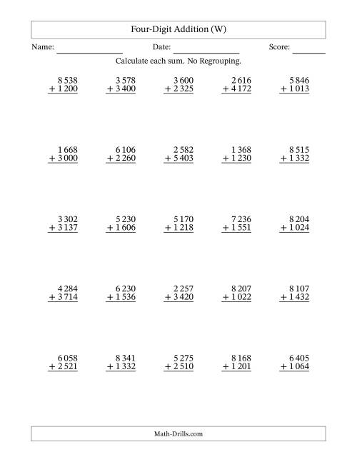 The Four-Digit Addition With No Regrouping – 25 Questions – Space Separated Thousands (W) Math Worksheet