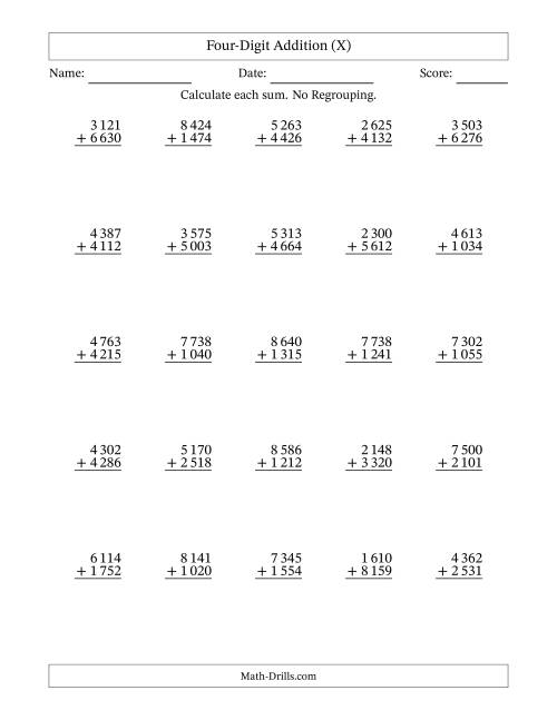 The Four-Digit Addition With No Regrouping – 25 Questions – Space Separated Thousands (X) Math Worksheet