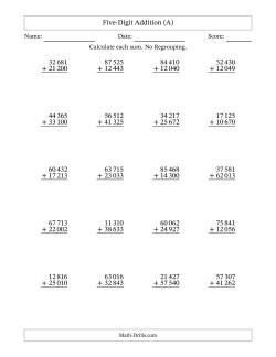 Five-Digit Addition With No Regrouping – 20 Questions – Space Separated Thousands