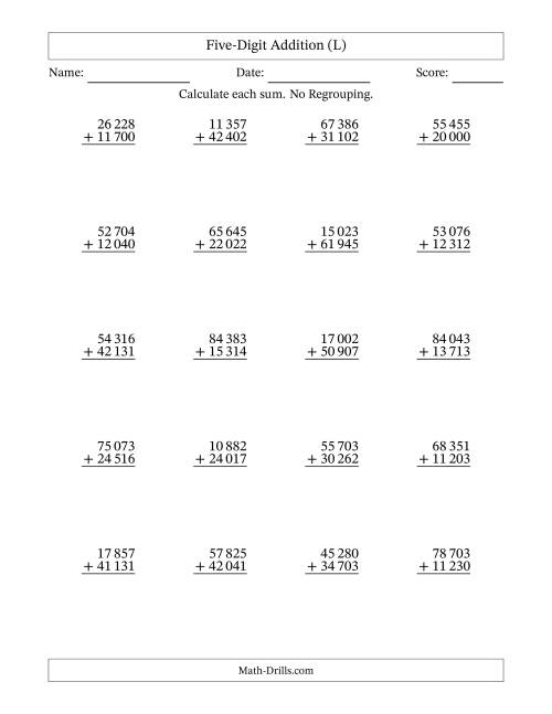 The Five-Digit Addition With No Regrouping – 20 Questions – Space Separated Thousands (L) Math Worksheet