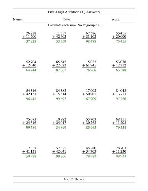 The Five-Digit Addition With No Regrouping – 20 Questions – Space Separated Thousands (L) Math Worksheet Page 2