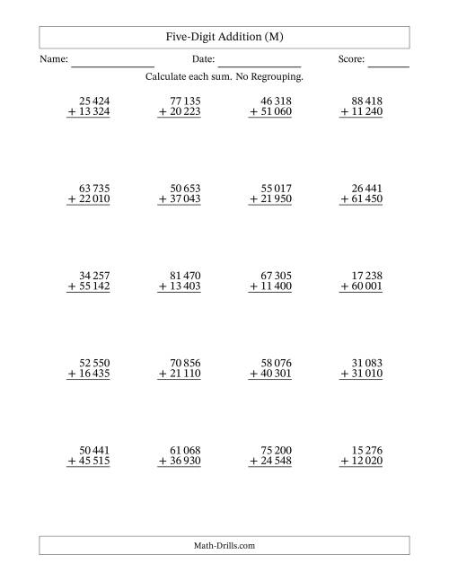 The Five-Digit Addition With No Regrouping – 20 Questions – Space Separated Thousands (M) Math Worksheet