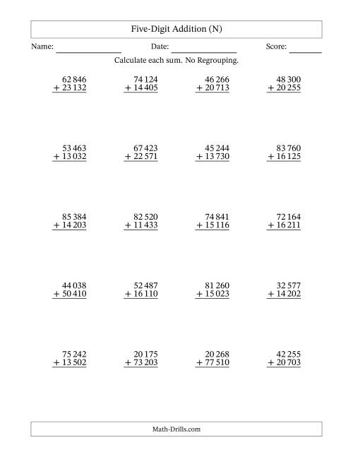 The Five-Digit Addition With No Regrouping – 20 Questions – Space Separated Thousands (N) Math Worksheet