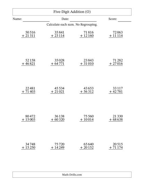 The Five-Digit Addition With No Regrouping – 20 Questions – Space Separated Thousands (O) Math Worksheet