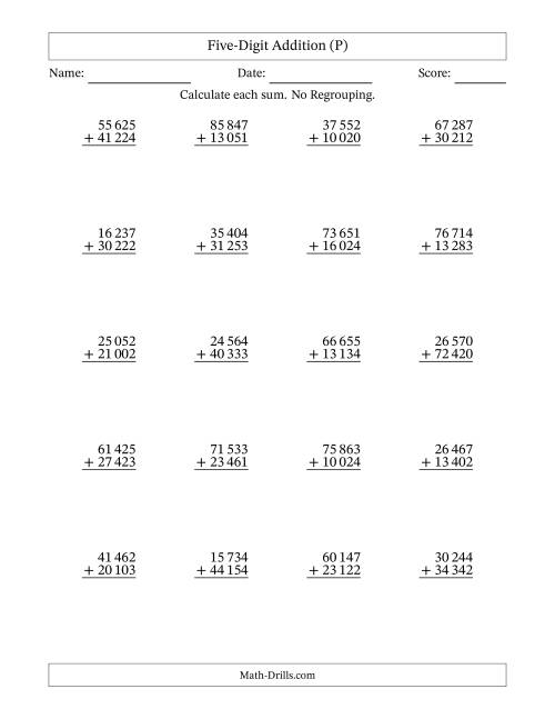 The Five-Digit Addition With No Regrouping – 20 Questions – Space Separated Thousands (P) Math Worksheet