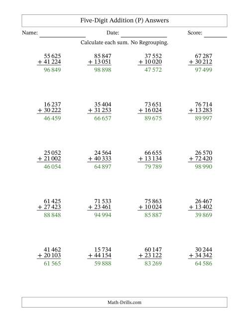 The Five-Digit Addition With No Regrouping – 20 Questions – Space Separated Thousands (P) Math Worksheet Page 2