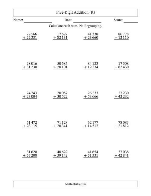 The Five-Digit Addition With No Regrouping – 20 Questions – Space Separated Thousands (R) Math Worksheet