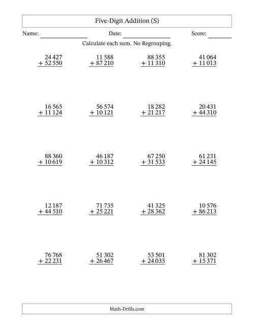 The Five-Digit Addition With No Regrouping – 20 Questions – Space Separated Thousands (S) Math Worksheet