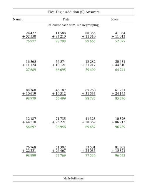 The Five-Digit Addition With No Regrouping – 20 Questions – Space Separated Thousands (S) Math Worksheet Page 2
