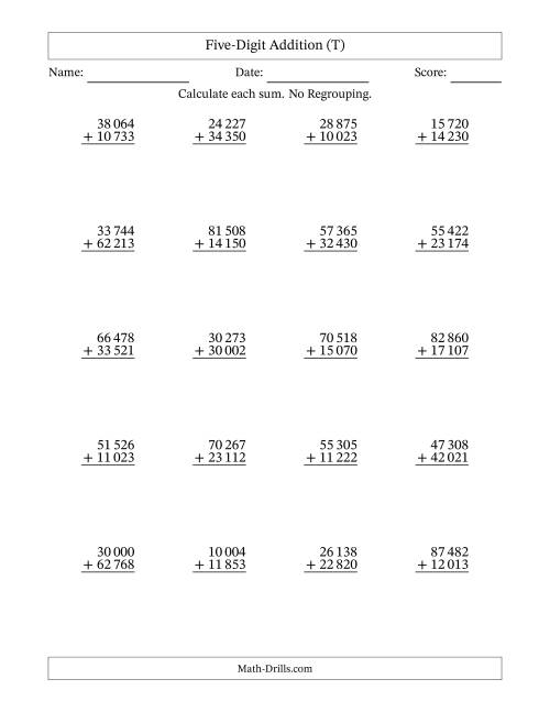The Five-Digit Addition With No Regrouping – 20 Questions – Space Separated Thousands (T) Math Worksheet