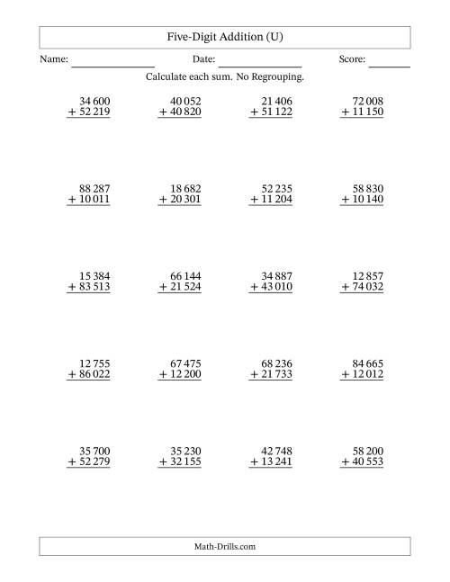 The Five-Digit Addition With No Regrouping – 20 Questions – Space Separated Thousands (U) Math Worksheet