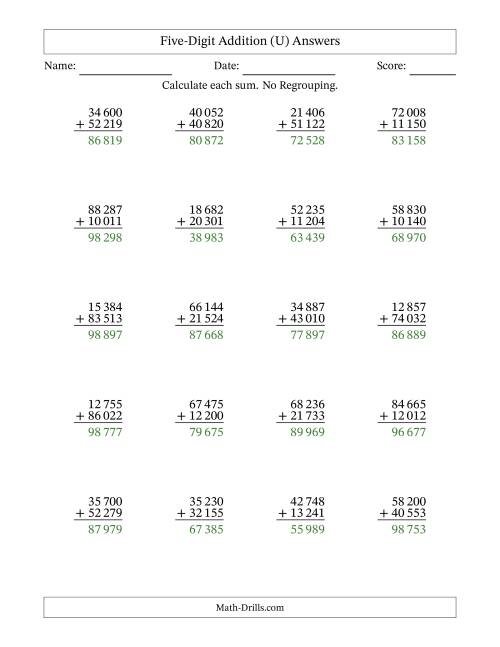 The Five-Digit Addition With No Regrouping – 20 Questions – Space Separated Thousands (U) Math Worksheet Page 2