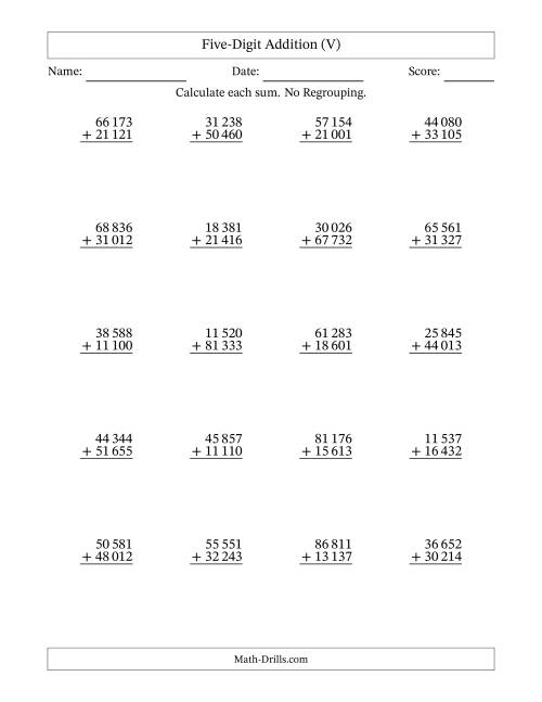 The Five-Digit Addition With No Regrouping – 20 Questions – Space Separated Thousands (V) Math Worksheet