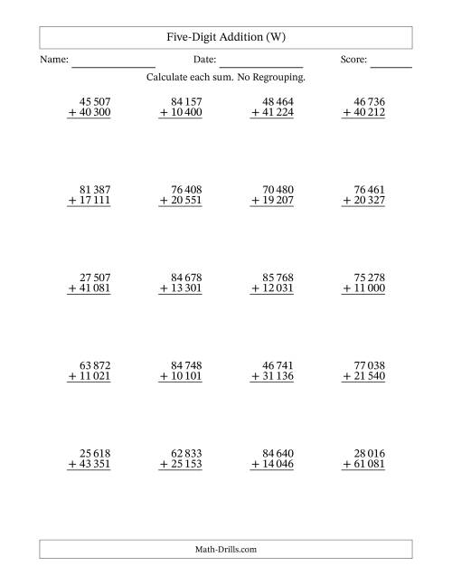 The Five-Digit Addition With No Regrouping – 20 Questions – Space Separated Thousands (W) Math Worksheet