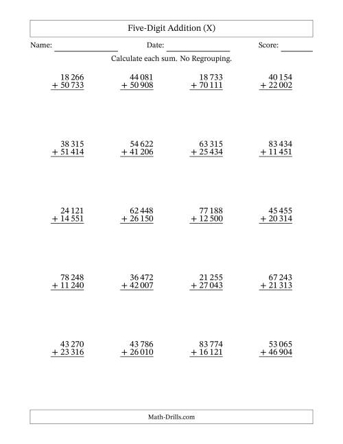 The Five-Digit Addition With No Regrouping – 20 Questions – Space Separated Thousands (X) Math Worksheet