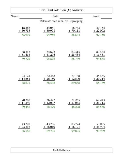 The Five-Digit Addition With No Regrouping – 20 Questions – Space Separated Thousands (X) Math Worksheet Page 2