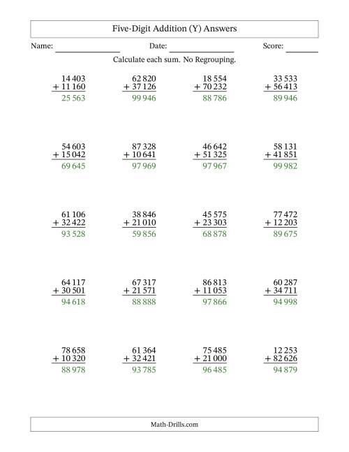 The Five-Digit Addition With No Regrouping – 20 Questions – Space Separated Thousands (Y) Math Worksheet Page 2